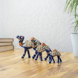Indian Home Decor | Handcrafted Camel Set in Metal (Blue, Set of 3)